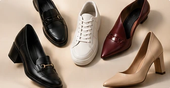 A selection of loafers, sneakers, burgundy flats and a beige heel