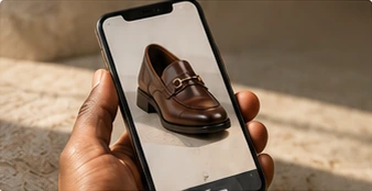 A hand holding a phone with a photograph of a brown loafer
